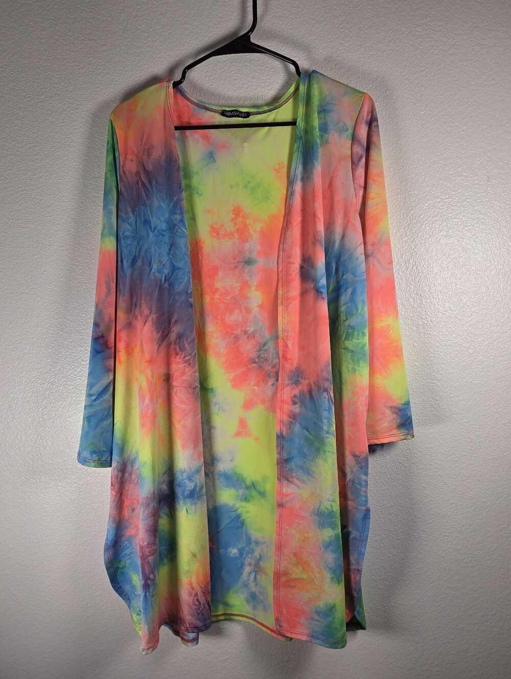 HEIMISH USA Women's Size 3X Open Front Neon Green Tie-Dye Cardigan